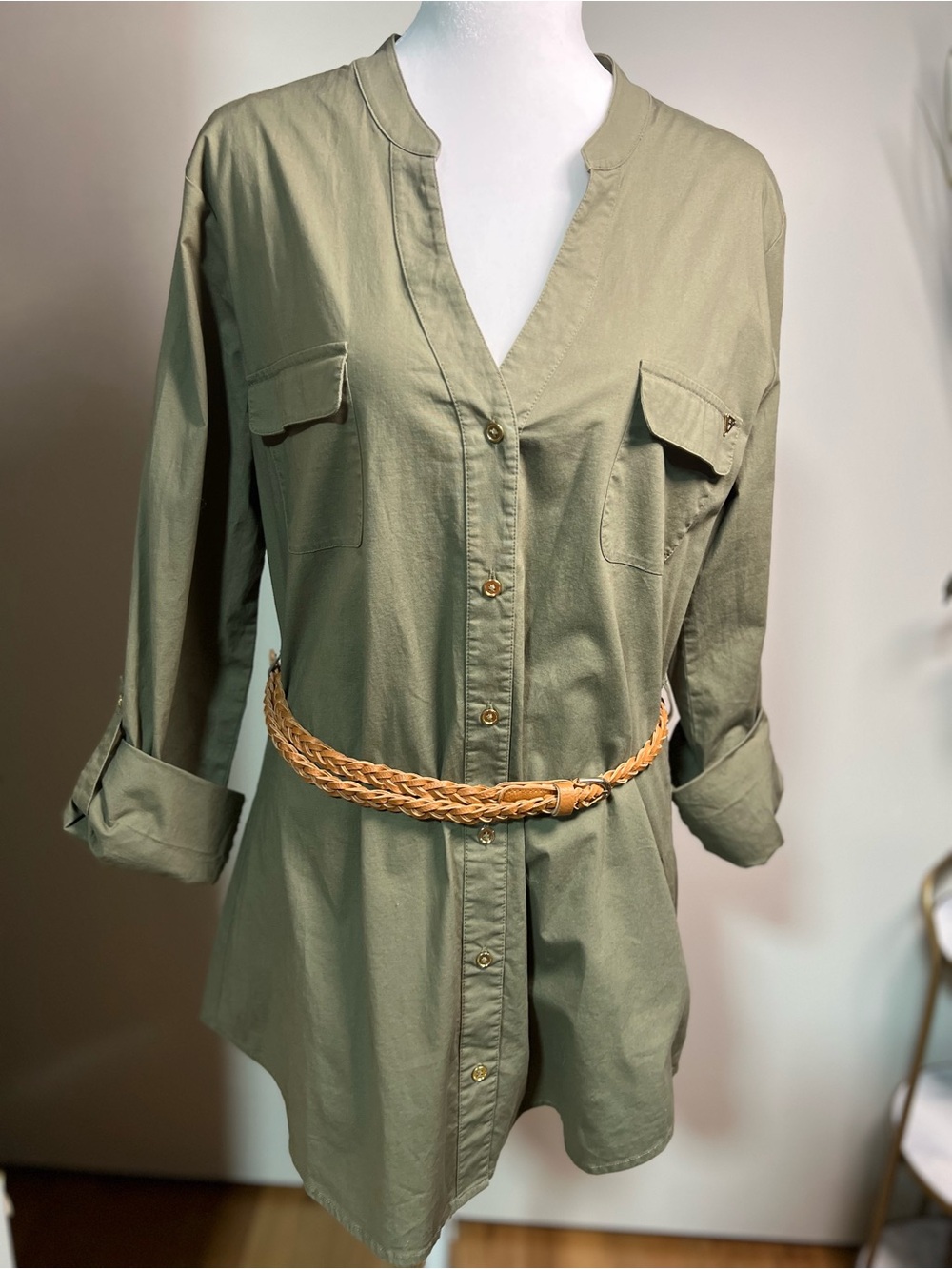 Guess Olive Green Utility Tunic with Braided Tan Belt